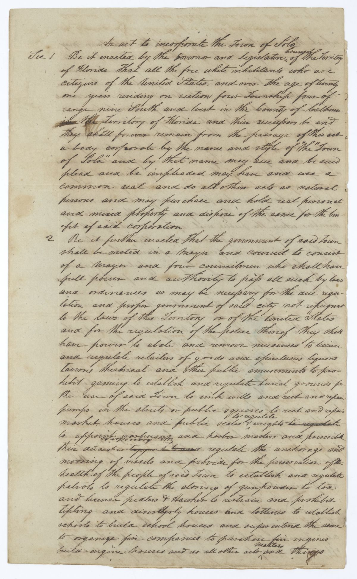 Draft of an Act to Incorporate the Town of Iola, 1840