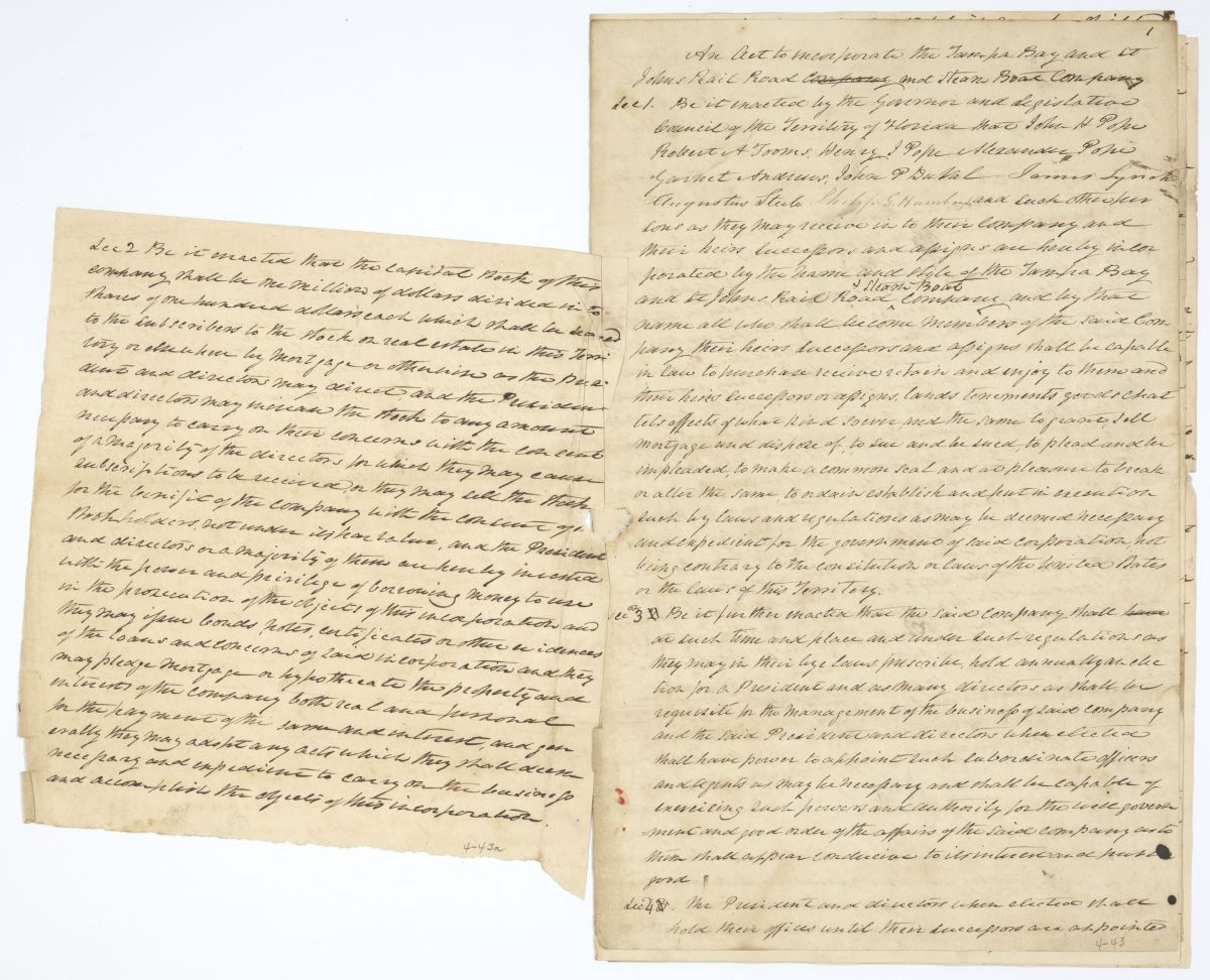 Draft of an Act to Incorporate the Tampa Bay and Saint Johns Railroad and Steamboat Company, 1841