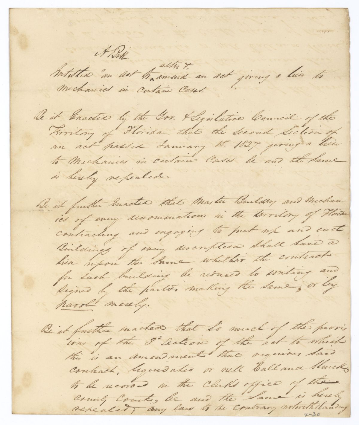 Draft of an Act to Alter and Amend an Act Giving a Lien to Mechanics in Certain Cases, circa 1836