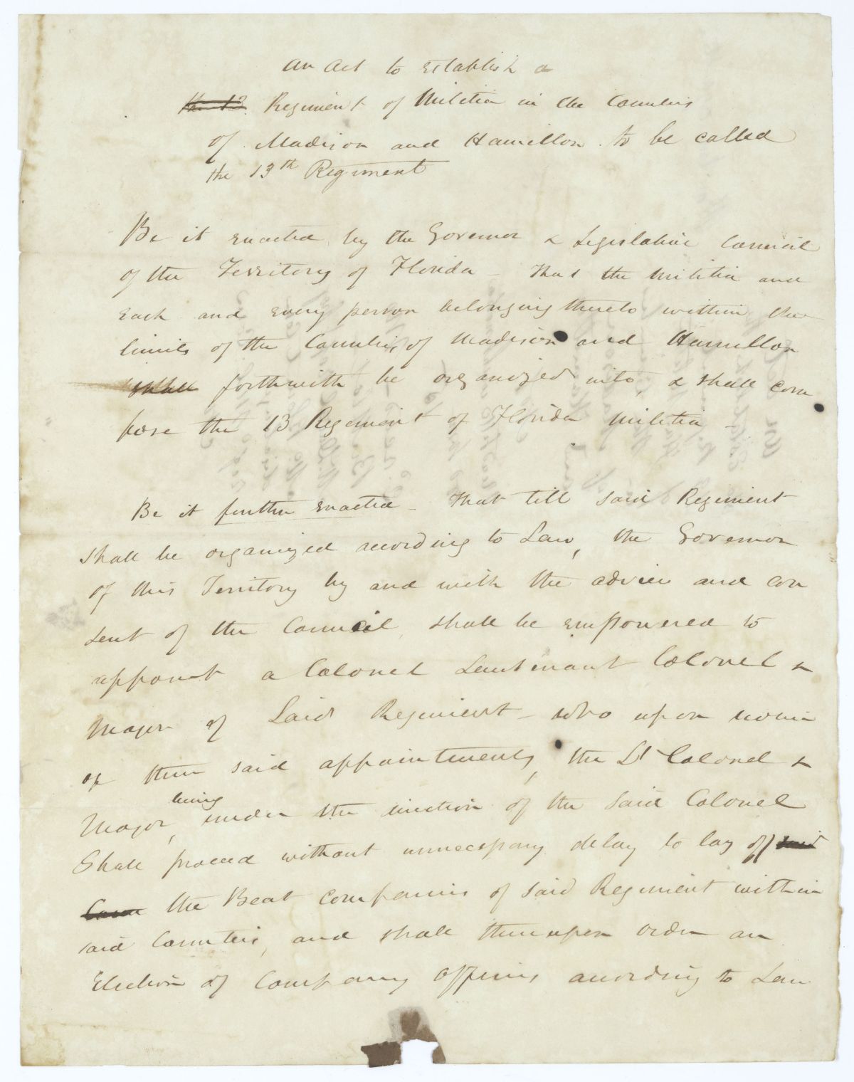 Draft of an Act to Establish a Regiment of Militia in the Counties of Madison and Hamilton to Be Called the 13th Regiment, 1836