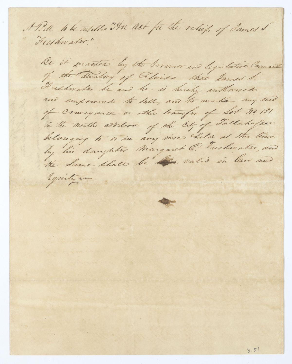 Draft of an Act for the Relief of James S. Freshwater, 1836