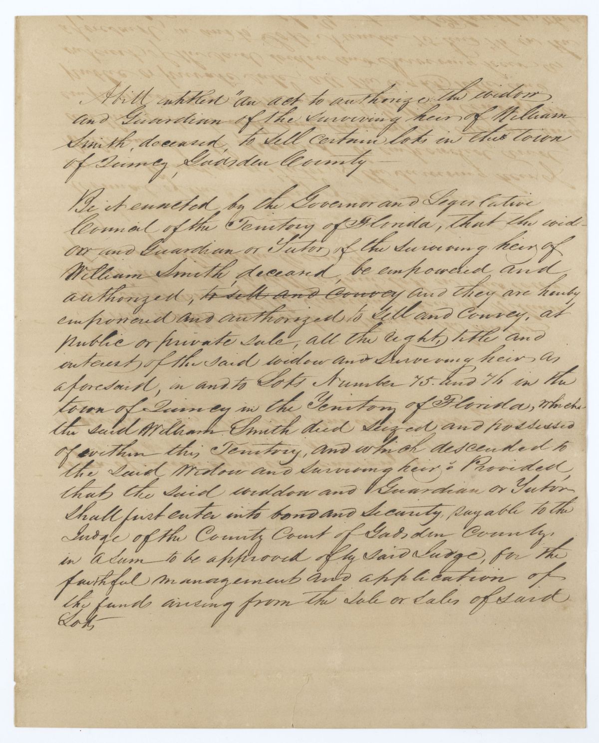 Draft of an Act for the Relief of the Widow and Heir of William Smith, 1836