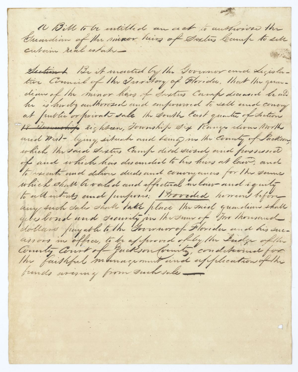 Draft of an Act to Authorize the Minor Heirs of Sextus Camp to Sell Certain Real Estate, 1836