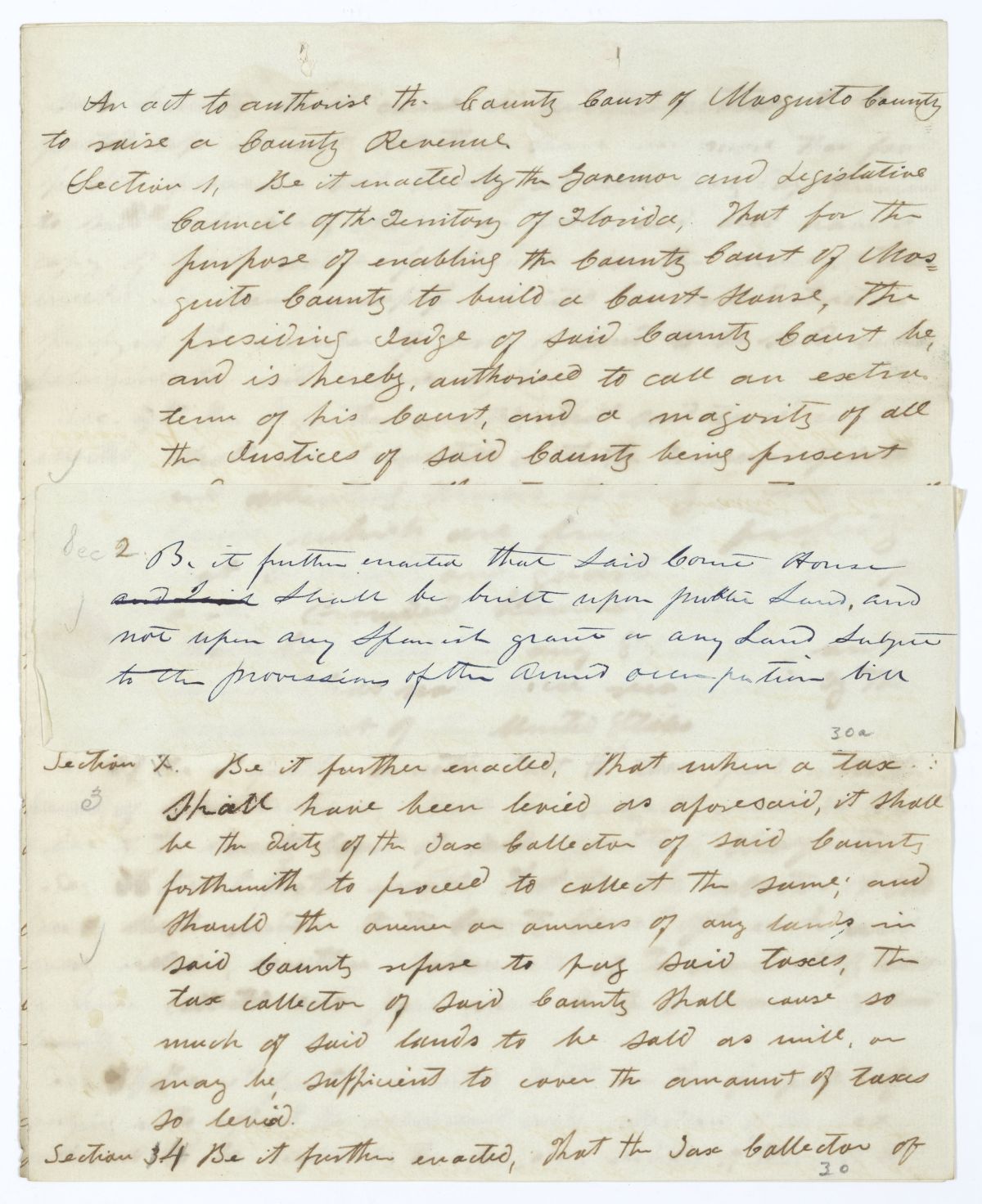 Draft of an Act to Authorize the County Court of Mosquito County to Raise a County Revenue, 1844