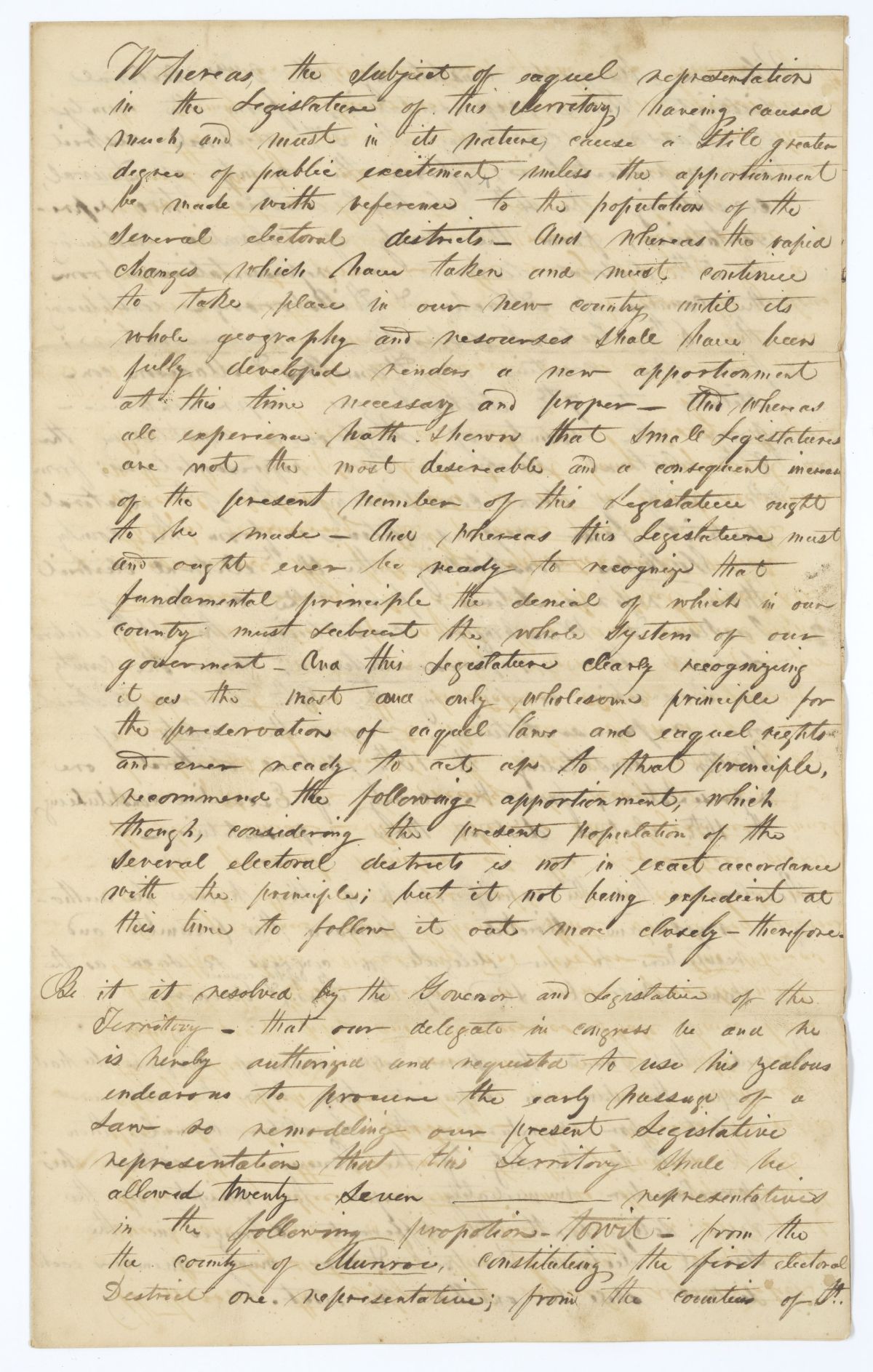 Resolution Directing the Florida Delegate in Congress to Lobby for a Law to Increase Representation in the Territorial Legislative Council, circa 1834