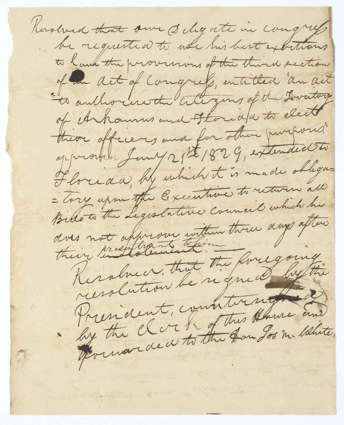 Resolution Directing the Florida Delegate in Congress to Procure an Amendment to a Law on Territorial Government, 1836