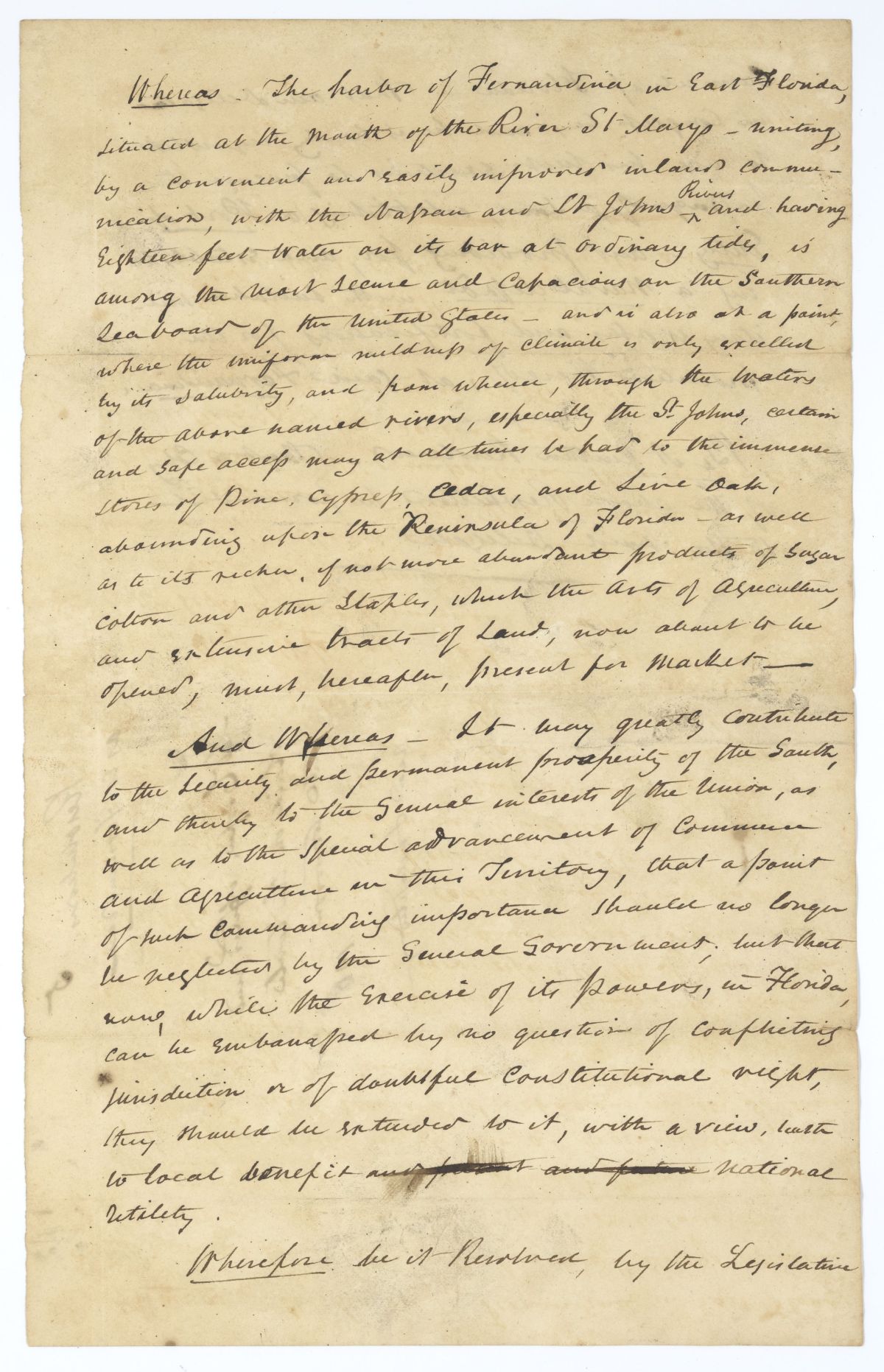 Resolution Directing the Florida Delegate in Congress to Procure the Passage of a Law Establishing a Port of Entry at Fernandina, 1833