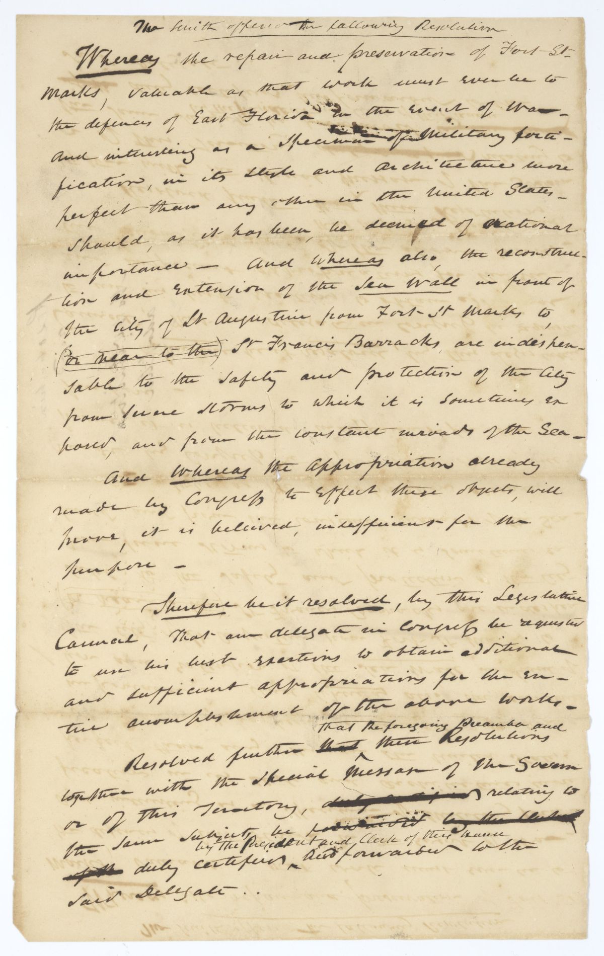 Resolution Directing the Florida Delegate in Congress to Procure an Appropriation for the Preservation of Fort Marion, 1834