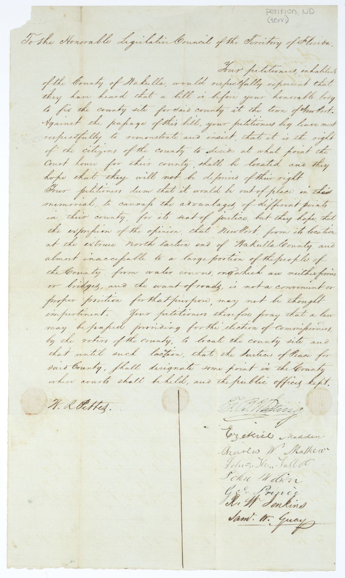 Petition of Citizens of Wakulla County Regarding the County Seat, circa 1845