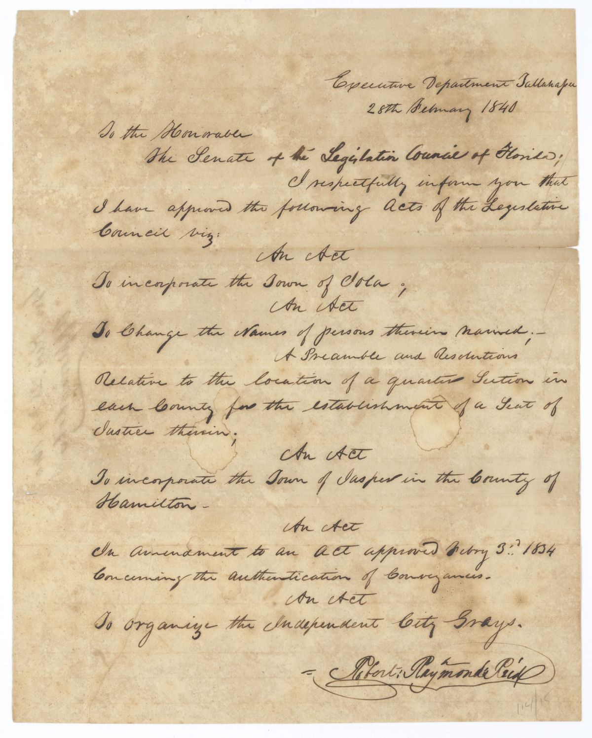 Letter from Governor Robert Reid to the Florida Senate Concerning Approved Legislation, 1840