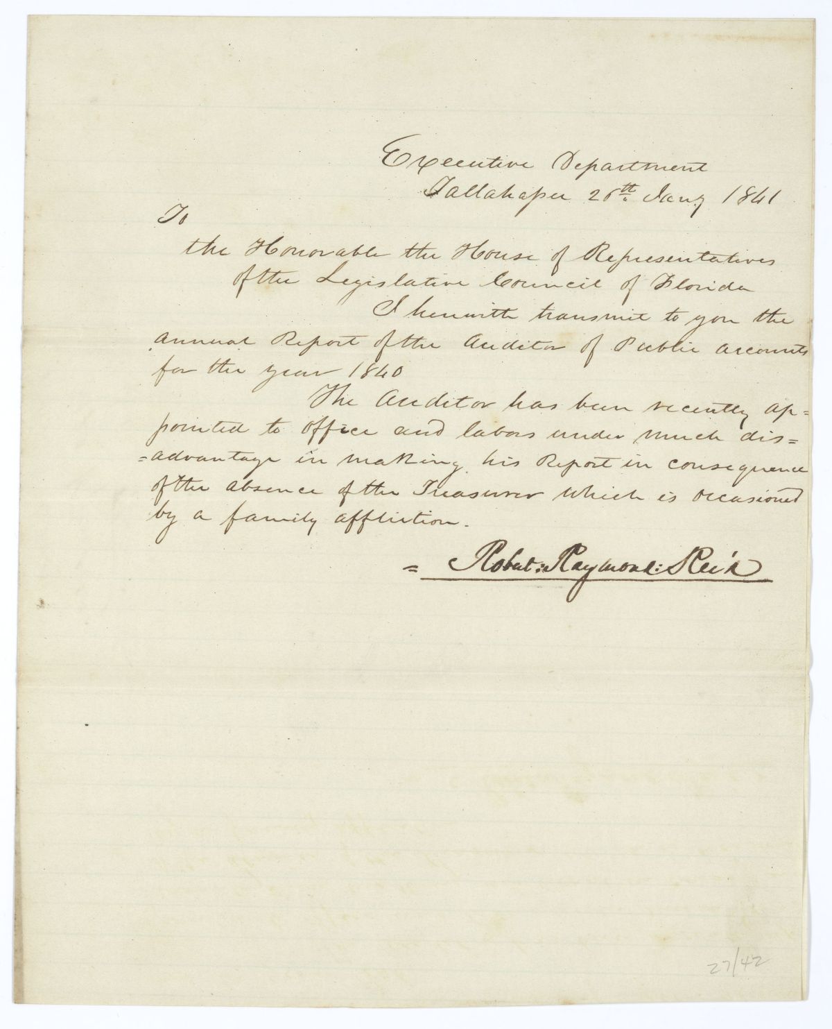 Letter from Governor Robert Reid to the Florida House of Representatives Regarding the Report of the Auditor of Public Accounts, 1841