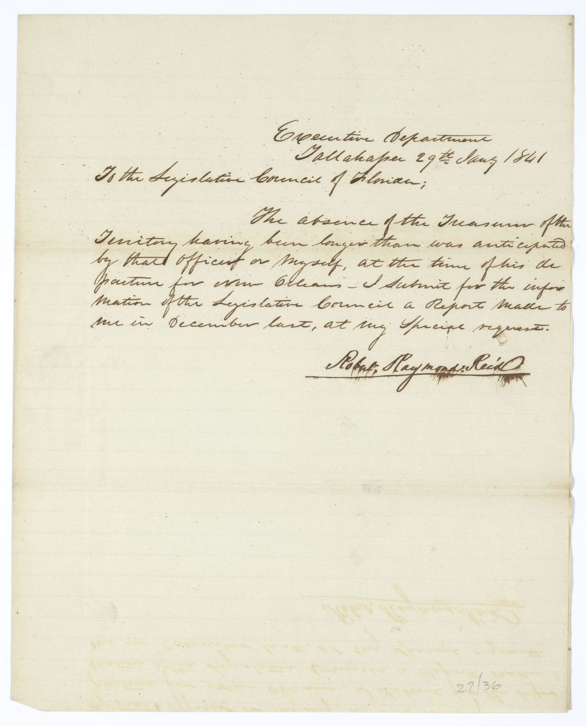 Letter from Governor Robert Reid to the Territorial Legislative Council Regarding the Territorial Treasurer and a Treasury Report, 1841