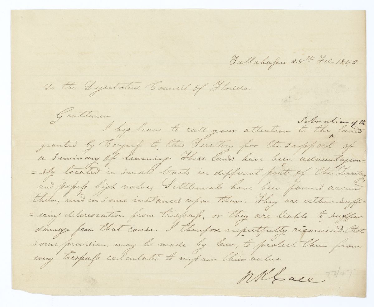 Letter from Governor Richard Keith Call to the Territorial Legislative Council Regarding Protection of the Seminary Lands, 1842