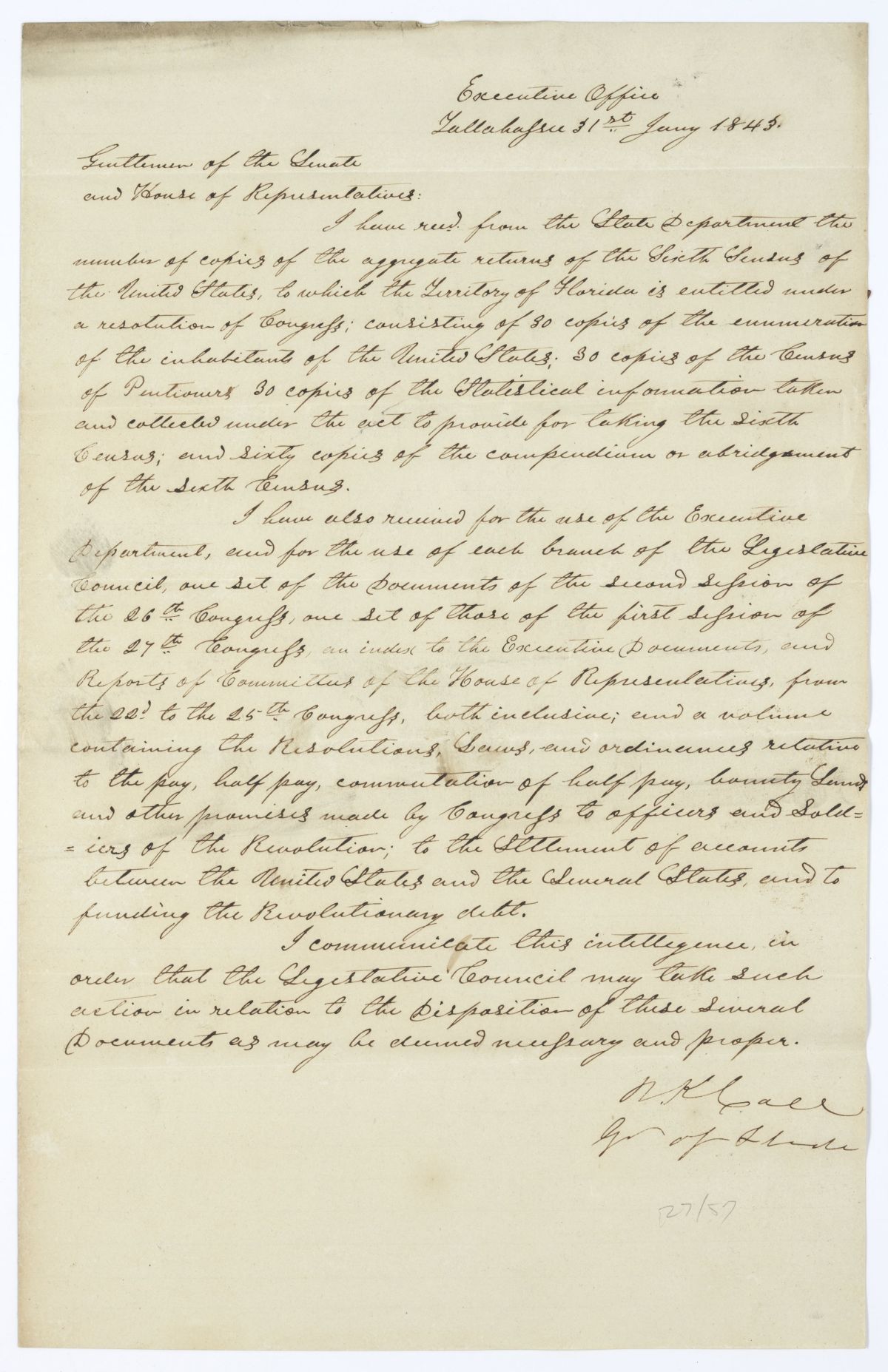 Letter from Governor Richard Keith Call to the Territorial Legislative Council Regarding Documents Recently Received from the Federal Government, January 31, 1843