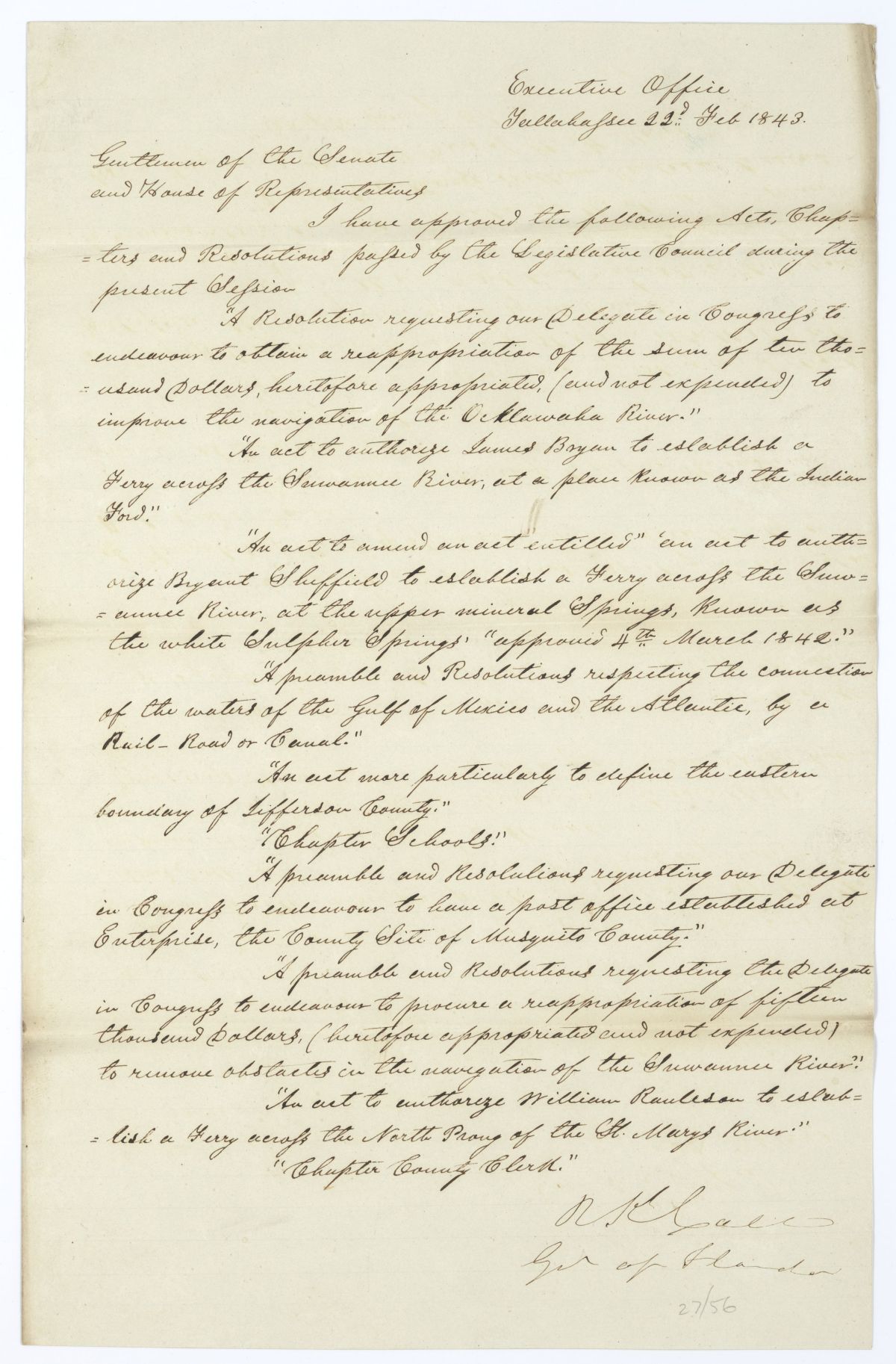 Letter from Governor Richard Keith Call to the Territorial Legislative Council Listing Recently Approved Legislation, February 22, 1843