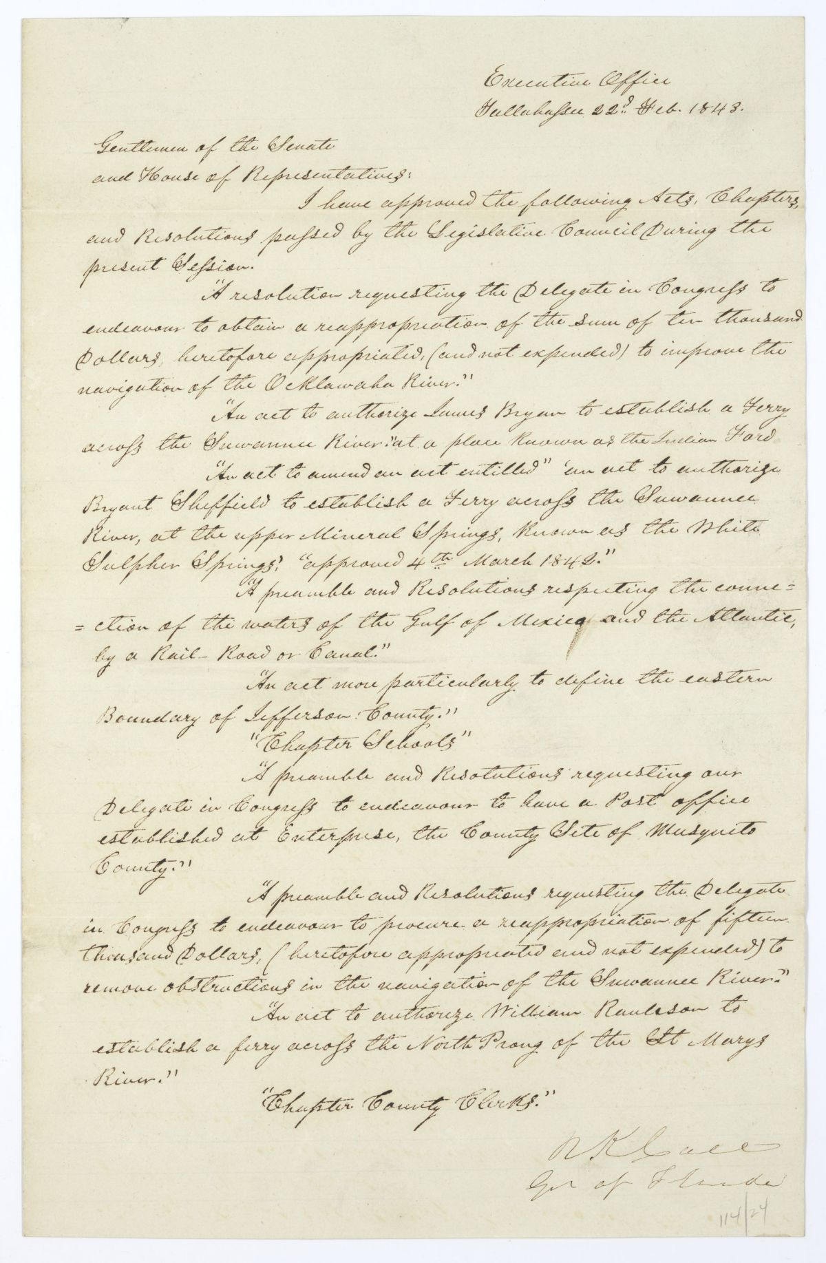 Letter from Governor Richard Keith Call to the Territorial Legislative Council Listing Recently Approved Legislation, February 22, 1843