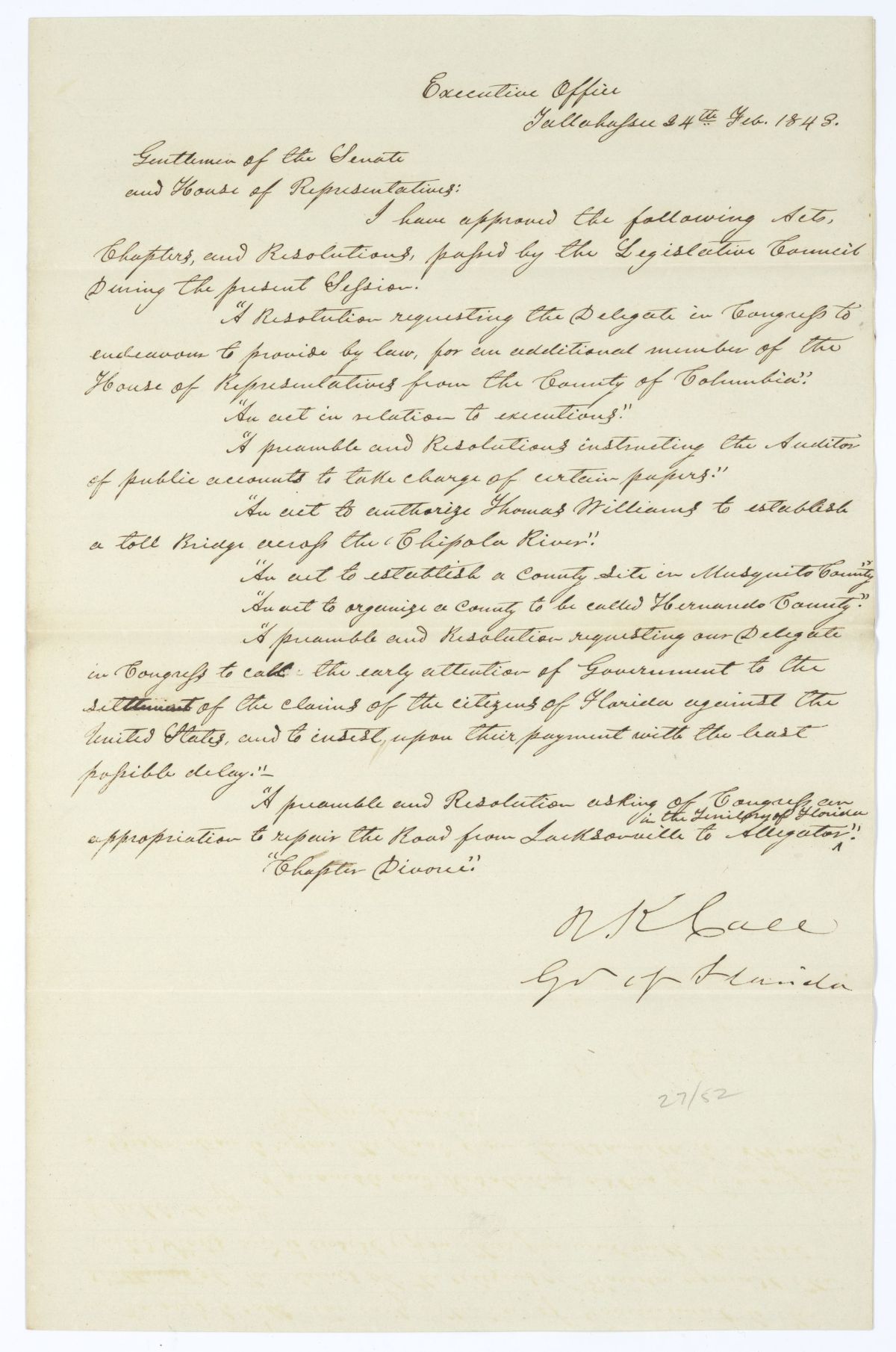 Letter from Governor Richard Keith Call to the Territorial Legislative Council Listing Recently Approved Legislation, February 24, 1843