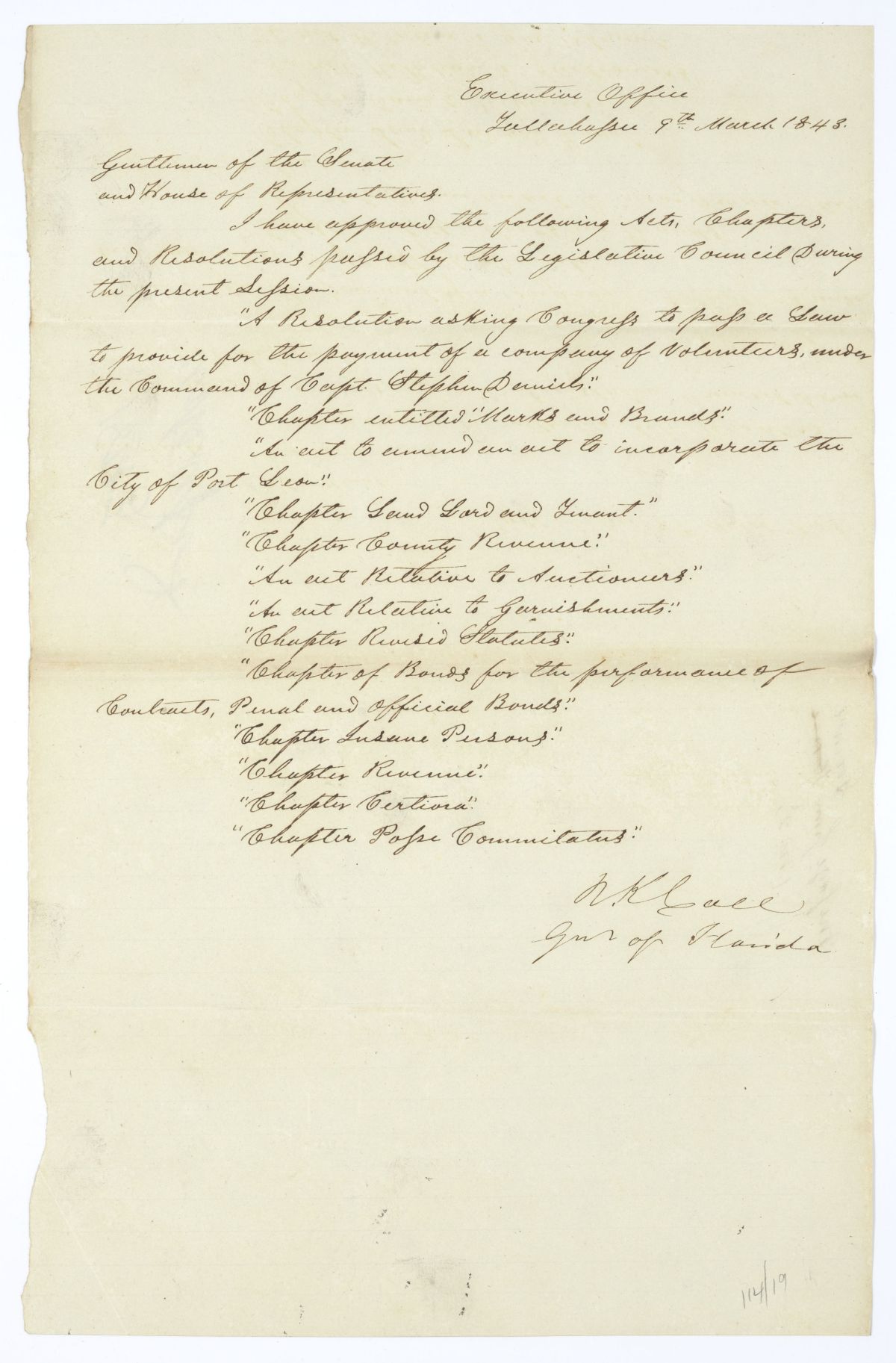 Letter from Governor Richard Keith Call to the Territorial Legislative Council Listing Recently Approved Legislation, March 9, 1843