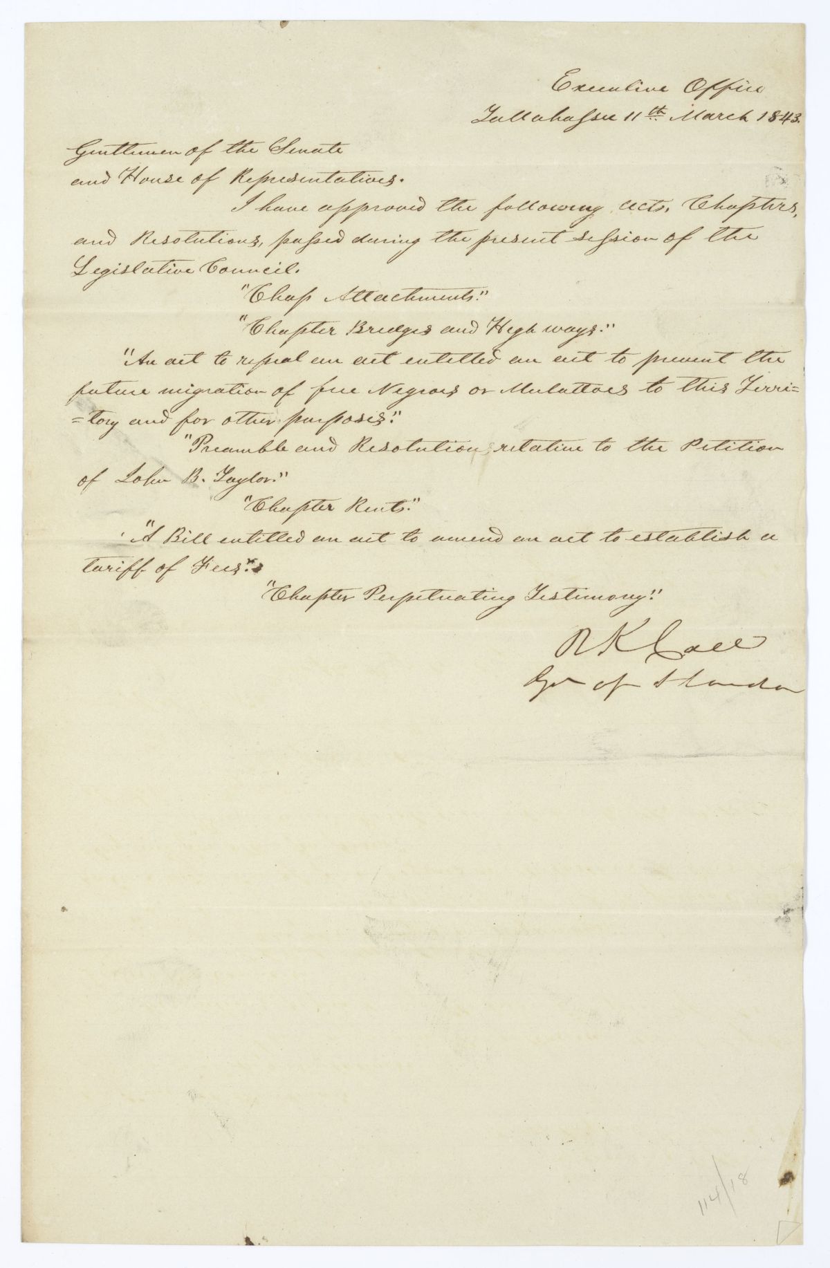 Letter from Governor Richard Keith Call to the Territorial Legislative Council Listing Recently Approved Legislation, March 11, 1843