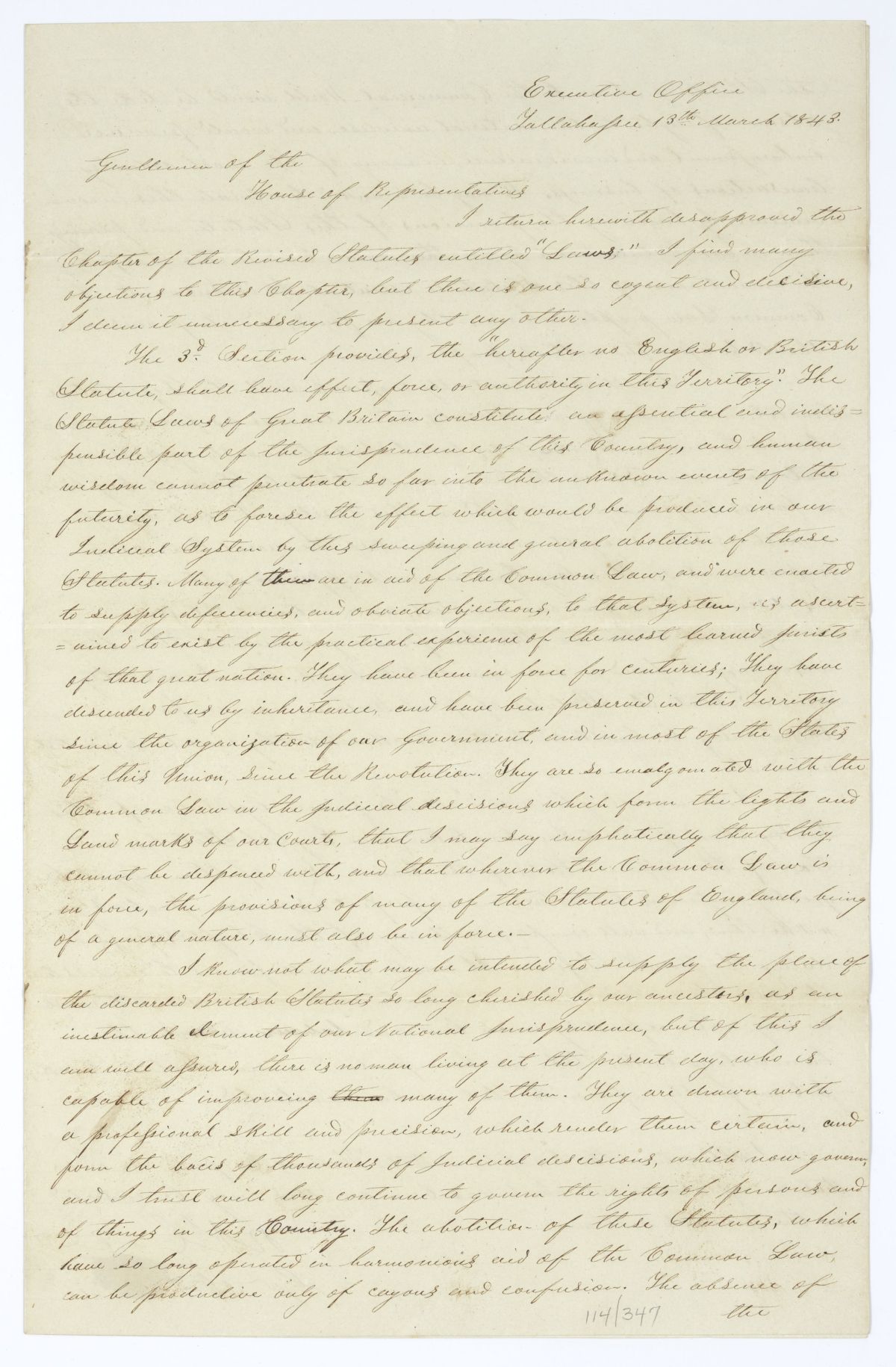 Letter from Governor Richard Keith Call to the Territorial Legislative Council Returning Unapproved a Chapter of the Recently Revised Territorial Statutes on Laws, March 13, 1843