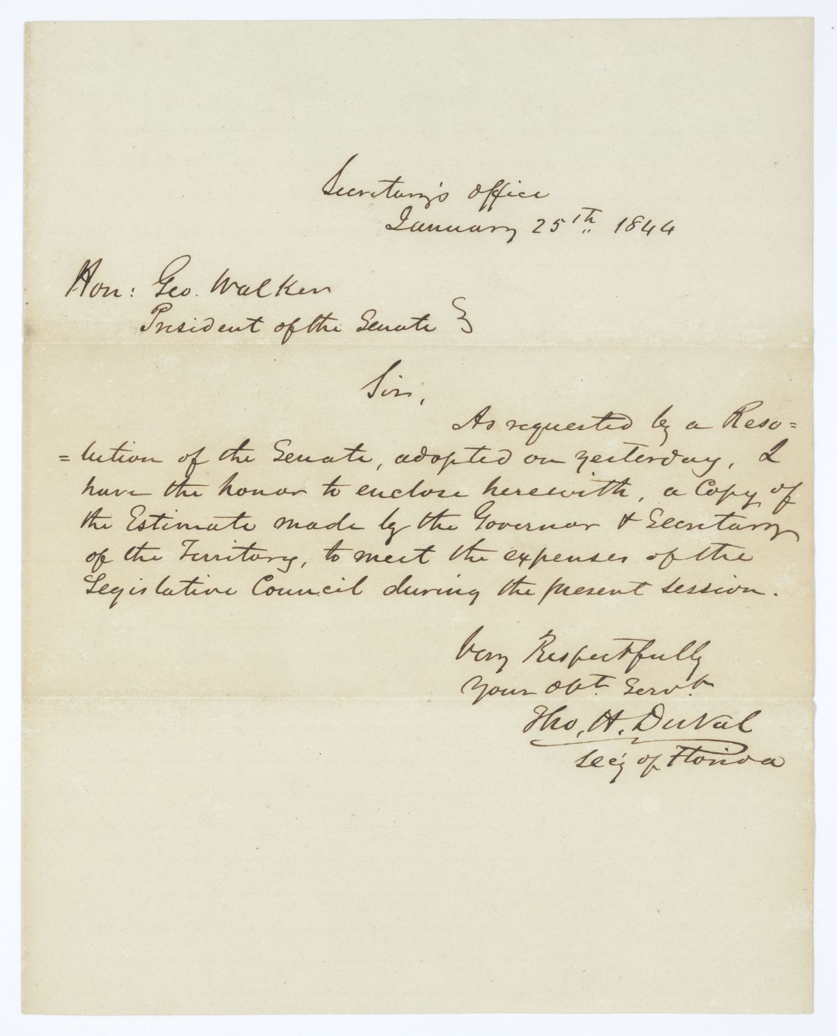 Letter from Thomas H. Duval to George Walker Regarding an Estimate of the Expenses of the Territorial Legislative Council, 1844