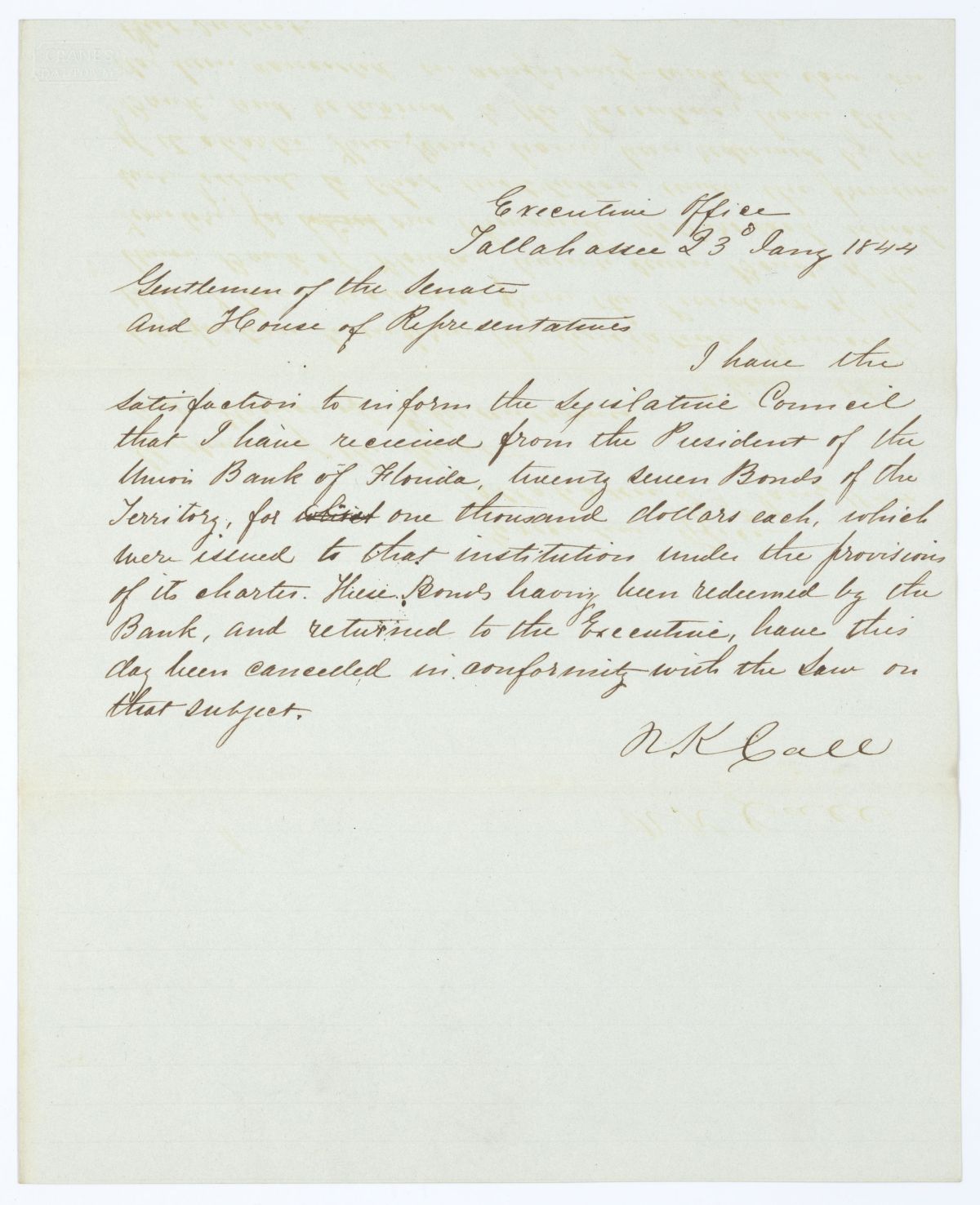 Letter from Governor Richard Keith Call to the Territorial Legislative Council Regarding Bonds from the Union Bank of Florida, 1844