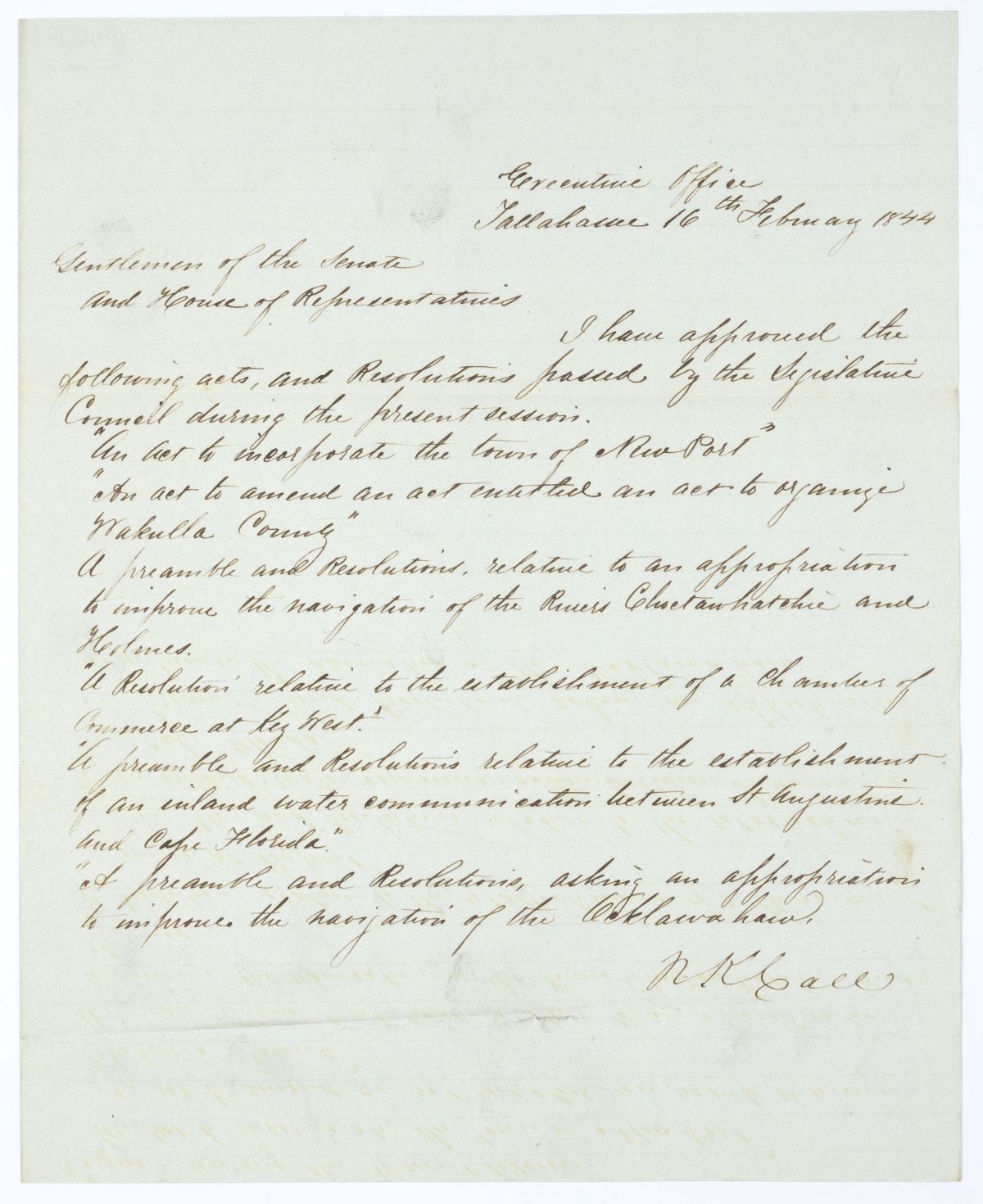 Letter from Governor Richard Keith Call to the Territorial Legislative Council Regarding Approved Legislation, 1844