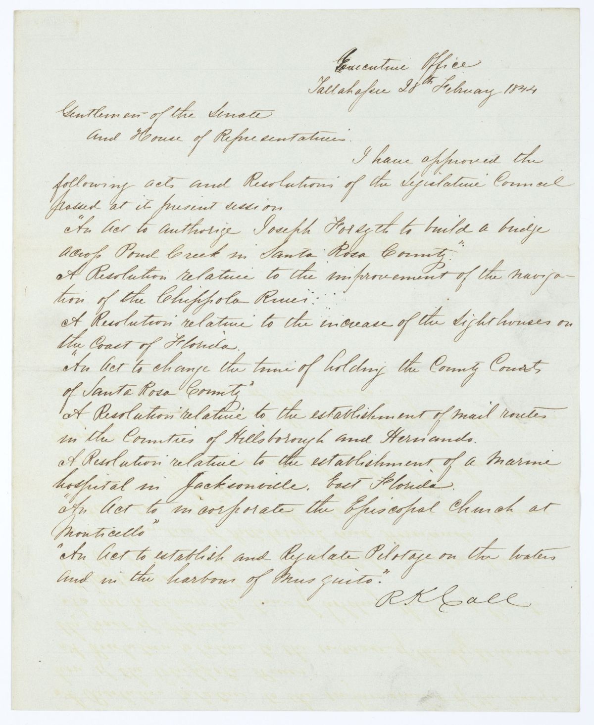 Letter from Governor Richard Keith Call to the Territorial Legislative Council Regarding Approved Legislation, 1844