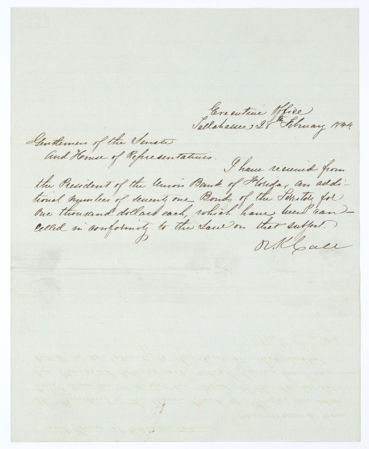 Letter from Governor Richard Keith Call to the Territorial Legislative Council Regarding Bonds from the Union Bank of Florida, 1844