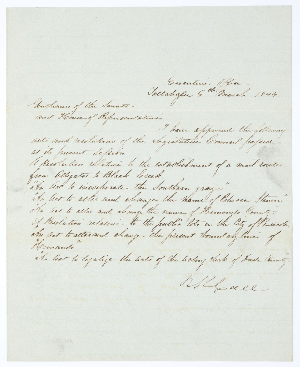 Letter from Governor Richard Keith Call to the Territorial Legislative Council Regarding Approved Legislation, 1844