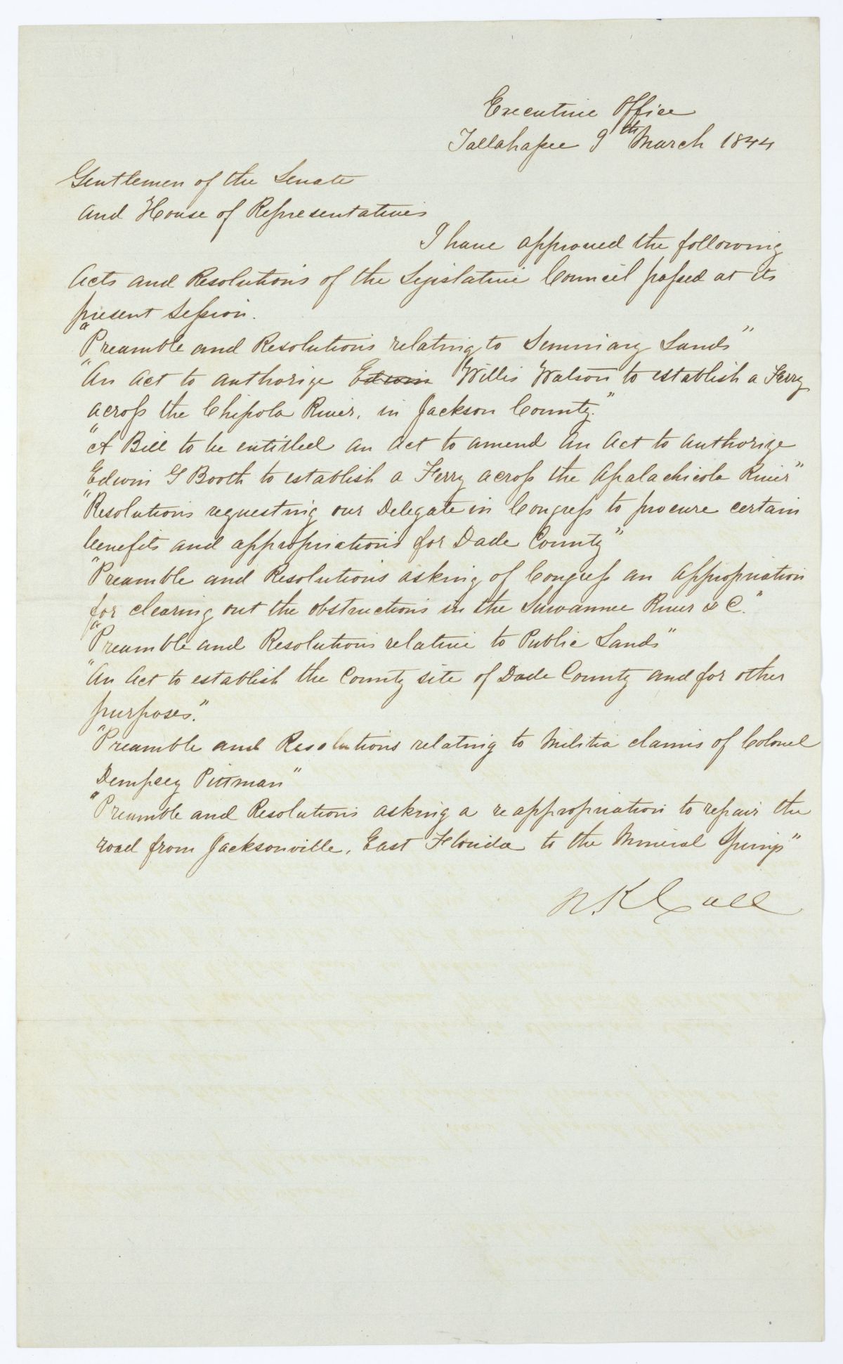 Letter from Governor Richard Keith Call to the Territorial Legislative Council Regarding Approved Legislation, 1844