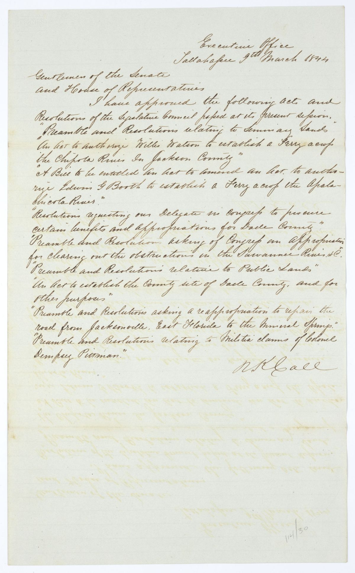 Letter from Governor Richard Keith Call to the Territorial Legislative Council Regarding Approved Legislation, 1844