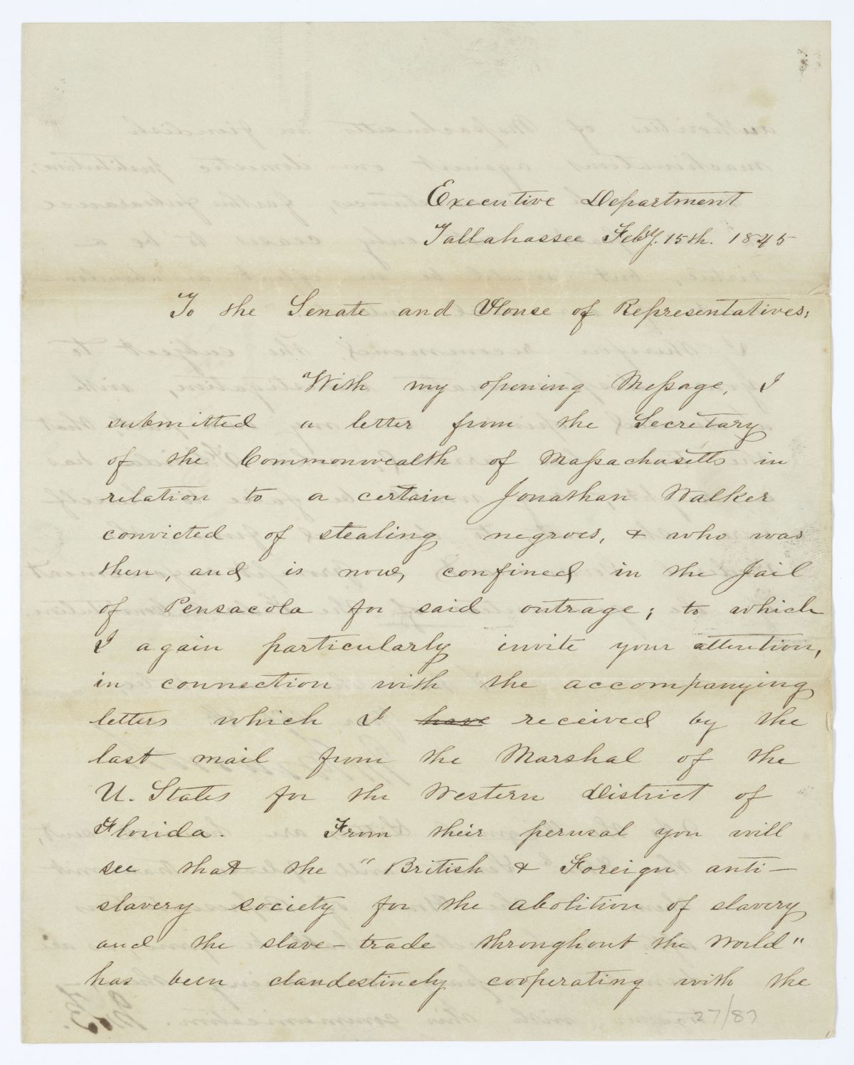 Letter from Governor John Branch to the Territorial Legislative Council Regarding the Case of Jonathan Walker, 1845