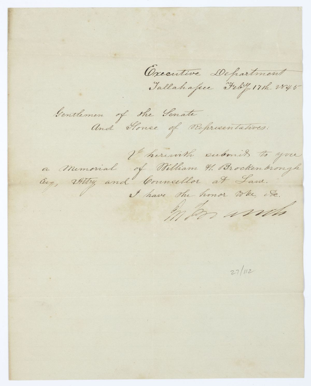 Letter from Governor John Branch to the Territorial Legislative Council Regarding a Memorial of William H. Brockenbrough, 1845