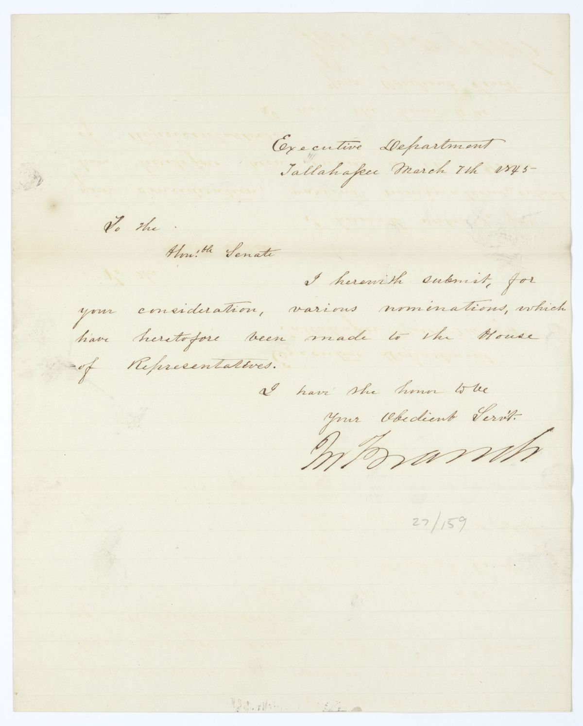 Letter from Governor John Branch to the Florida Senate Regarding Nominations, 1845