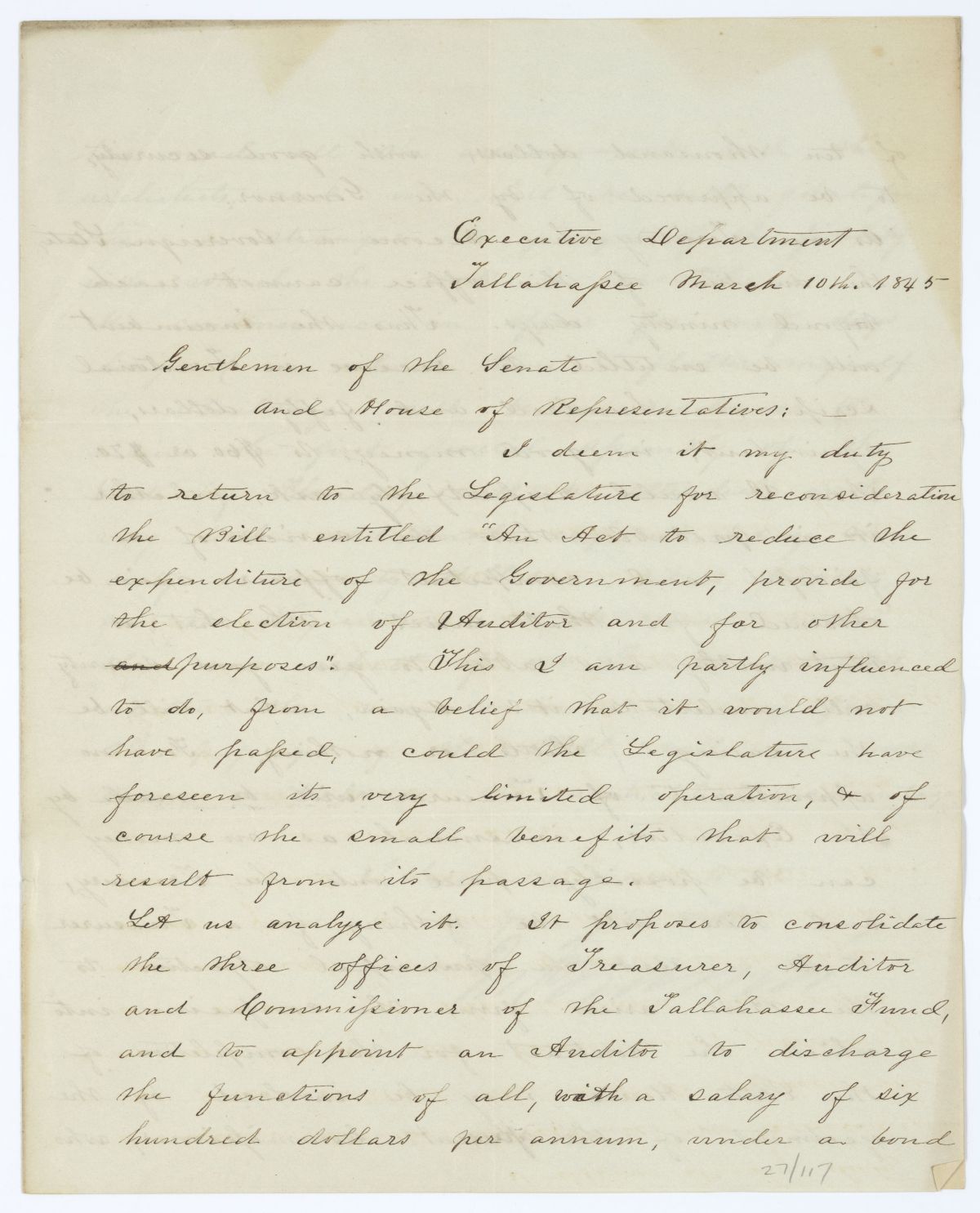 Letter from Governor John Branch to the Territorial Legislative Council Regarding the Veto of a Bill Relative to Certain Public Offices, 1845