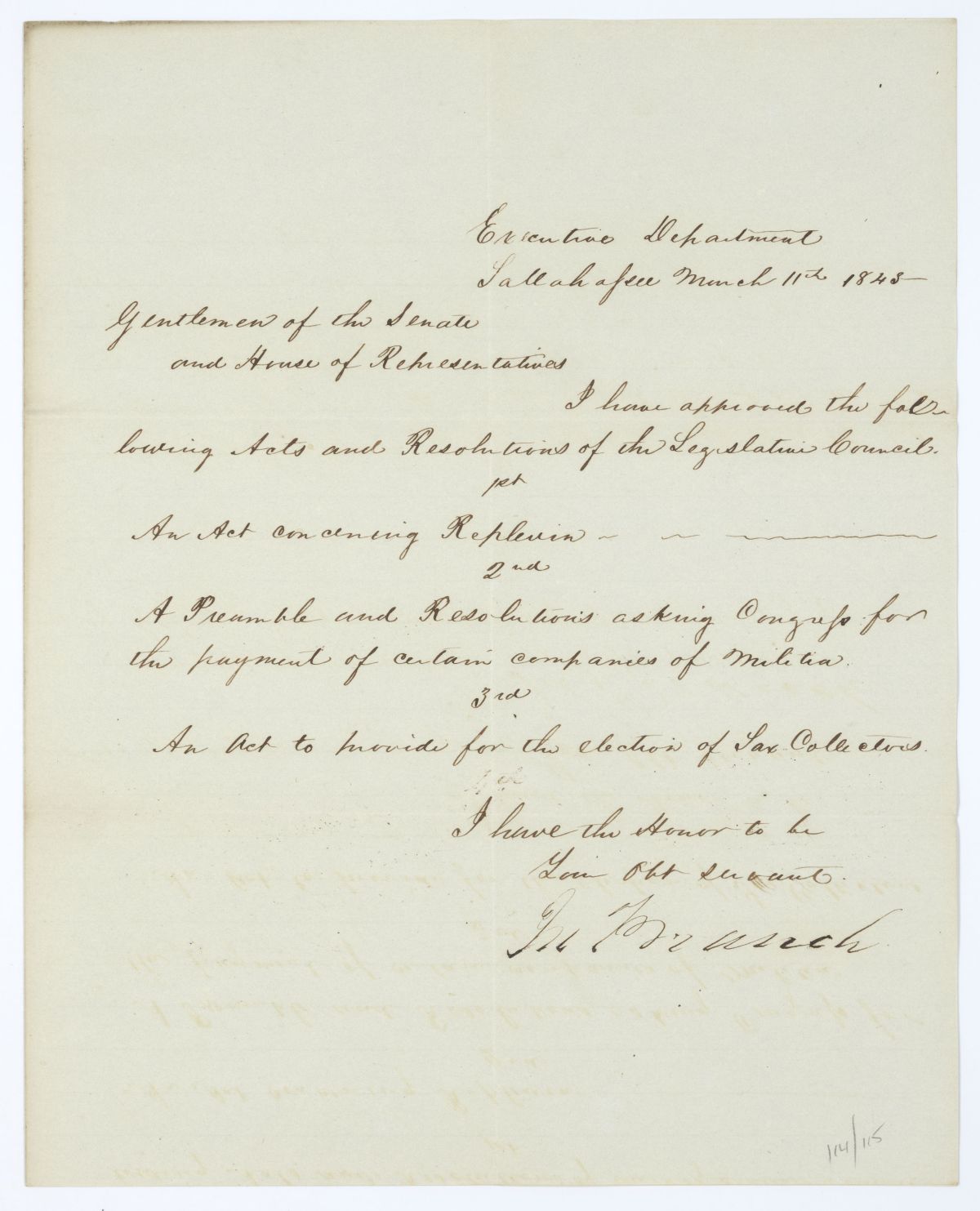 Letter from Governor John Branch to the Territorial Legislative Council Regarding Approved Legislation, 1845