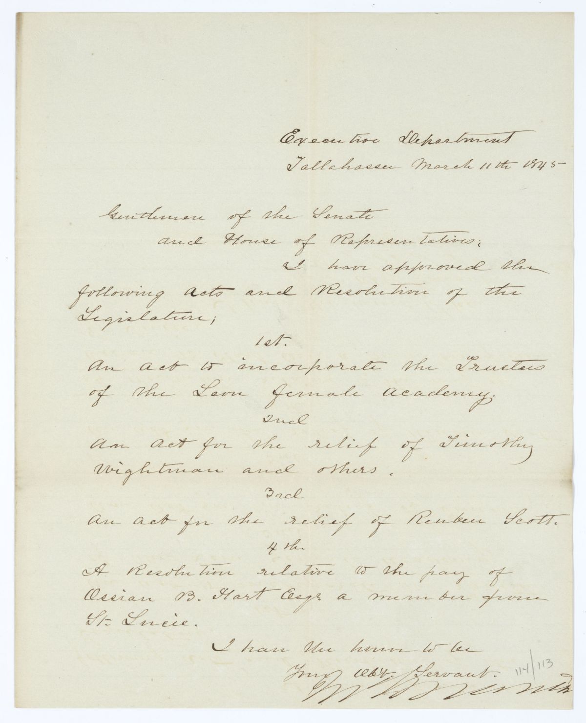 Letter from Governor John Branch to the Territorial Legislative Council Regarding Approved Legislation, 1845