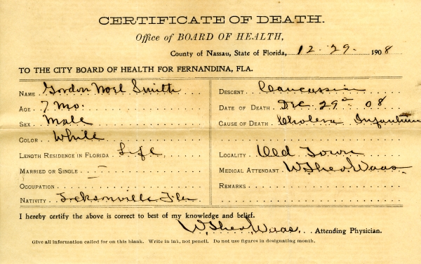 A death certificate completed for the Nassau County Board of Health, patterned after a template recommended by the State Board of Health. This certificate is one of over 2000 death and burial record entries from Fernandina now available for searching on Florida Memory.