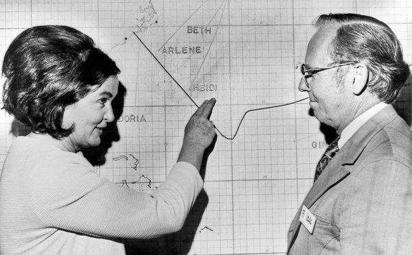 Roxcy Bolton speaking with Director of the National Hurricane Center Robert Simpson about the hurricane-naming issue in January 1972.