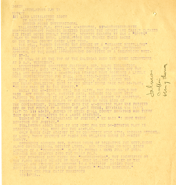 UPI article by Barbara Frye regarding the 1967 Special Legislative Session on reapportionment. Barbara Frye Press Files Collection (M90-18), Box 5, Folder 17, State Archives of Florida. Frye wrote most of her articles on a teletype machine, unable to see the words she was typing. Her work was then transmitted over the UPI wire service and printed.