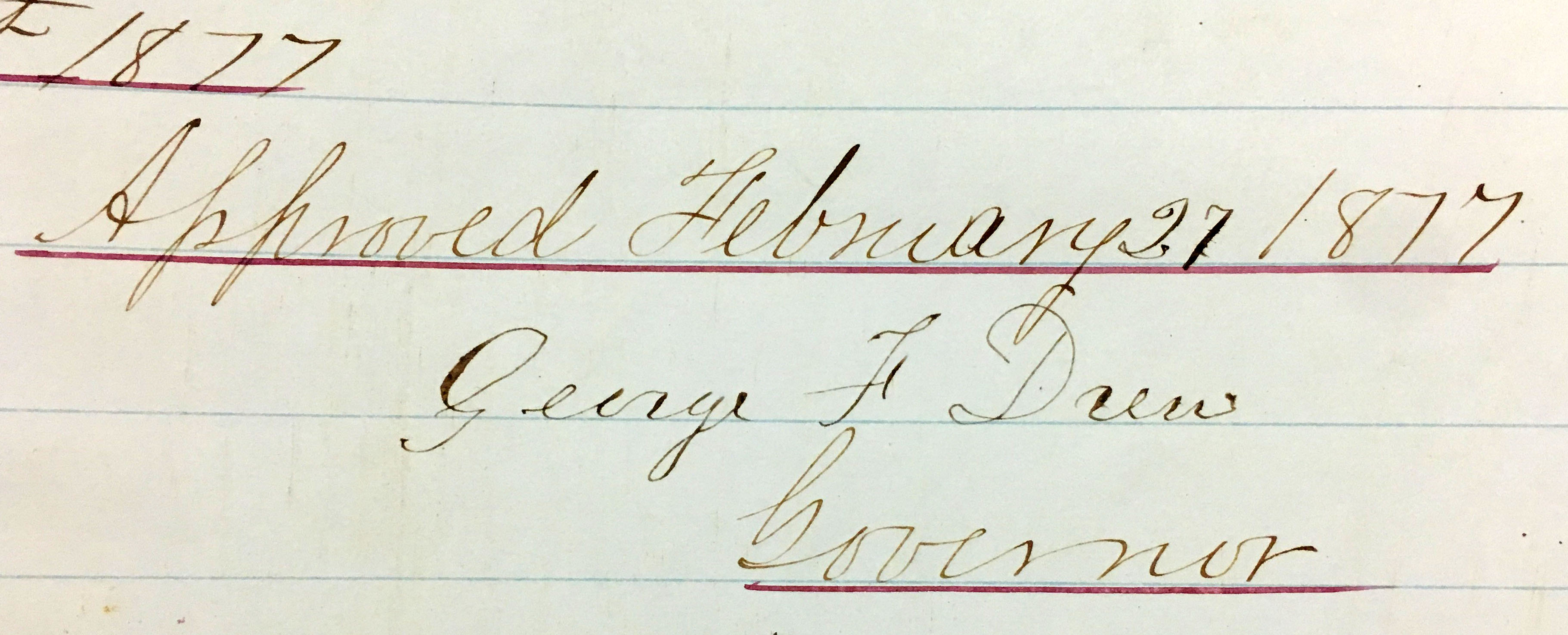 Governor Drew's signature, in this case applied to a legislative act establishing a game hunting season. Volume 69, Acts and Resolutions of the Legislature (Series 222), State Archives of Florida.