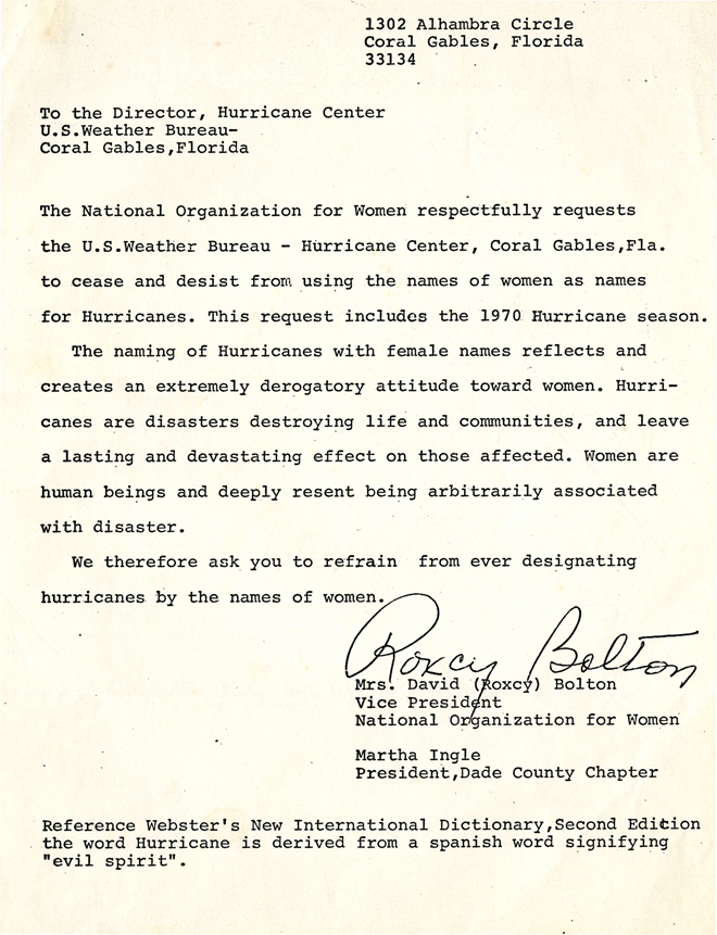 Letter from NOW to the National Hurricane Center demanding an end to the gendered naming of tropical cyclones. March 1970.