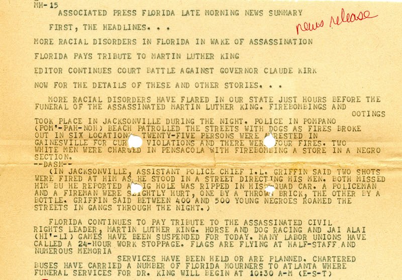 This Associated Press news summary describes some of the typical stories emerging from the widespread reaction to Dr. King's assassination.