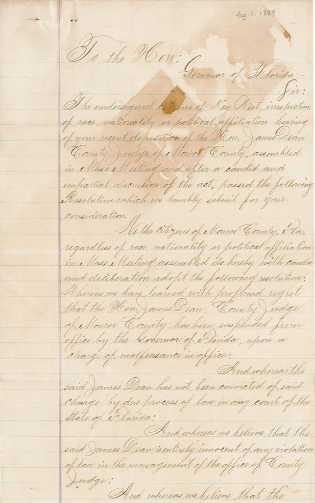 A resolution of protest by citizens of Key West in support of Judge Dean. [Governor Fleming correspondence, S580, box 9]