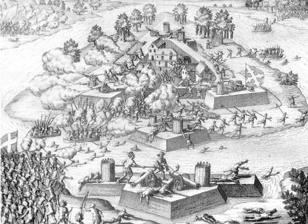 Engraving of the massacre at Fort Caroline, from Theodor de Bry, Grand Voyages (1591)