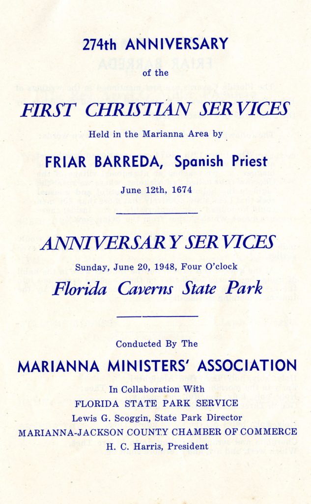 Program from services commemorating the 274th anniversary of the first Christian services held at the Florida Caverns in Marianna. Florida Park Service Public Relations Files (S. 1951), Folder 62, State Archives of Florida.