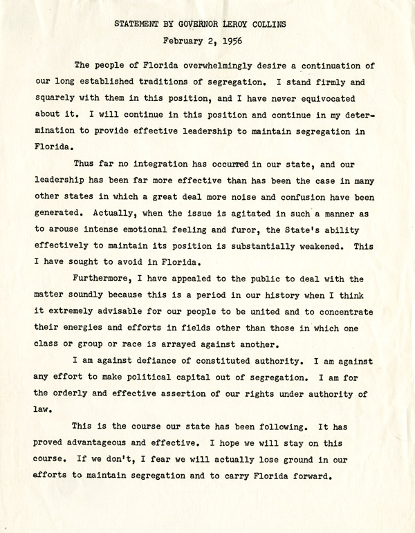 Pro-segregation statement issued by Governor LeRoy Collins pledging to maintain segregation in Florida, February 2, 1956. Governor LeRoy Collins Papers, box 33, folder 6, State Archives of Florida