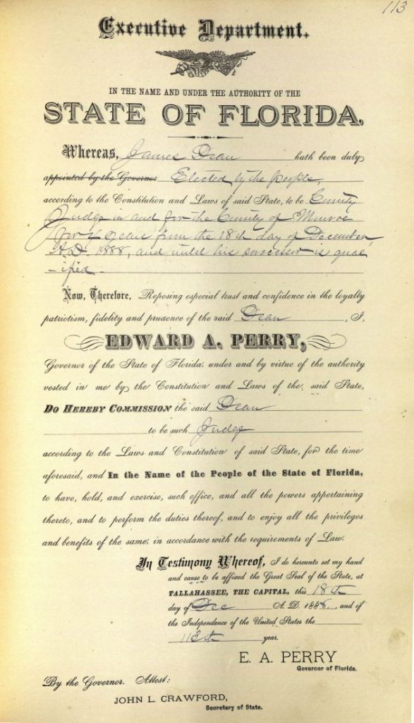 Letter from Judge Dean to Governor Fleming refusing to resign, August 22nd, 1889. [Governor Fleming correspondence, S580, box 9]