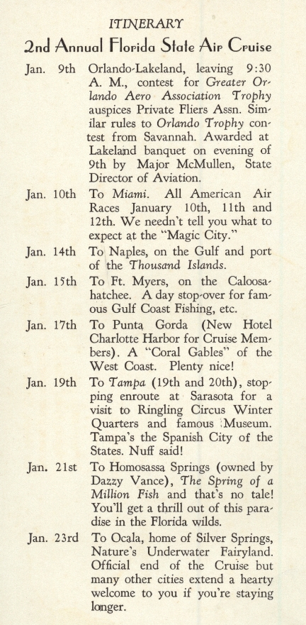 Itinerary for the Second Annual Florida State Air Cruise (1935) - Box 1, folder 1, William C. Lazarus Papers (Collection M82-133), State Archives of Florida.